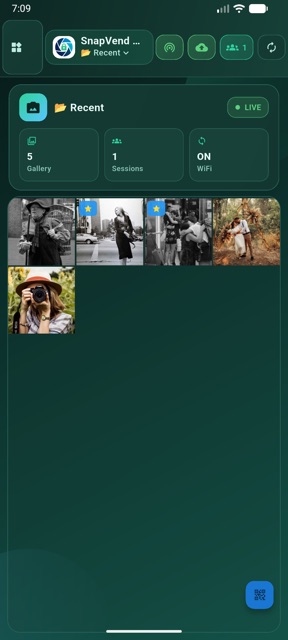 SnapVend home dashboard with live gallery and session overview