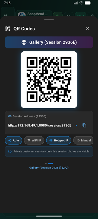 SnapVend QR codes and session access screen
