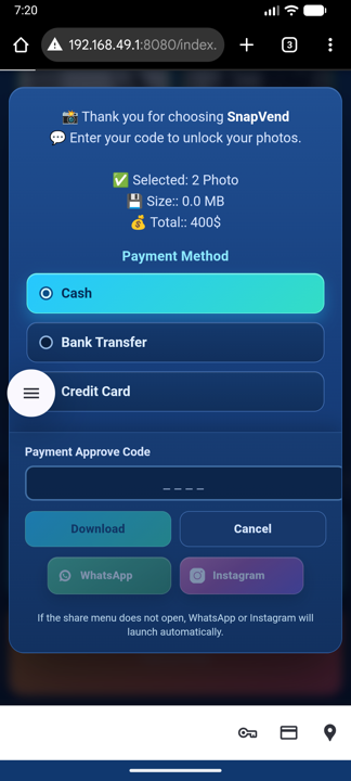 SnapVend payment approval and delivery options screen