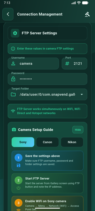 SnapVend FTP server settings for professional cameras